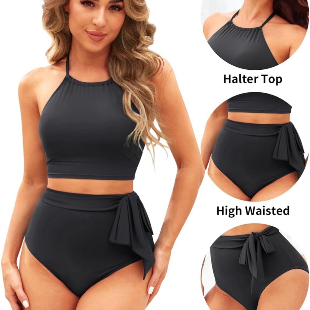 Women's High-Neck Halter Bikini Set in Black - High-Waist Tie